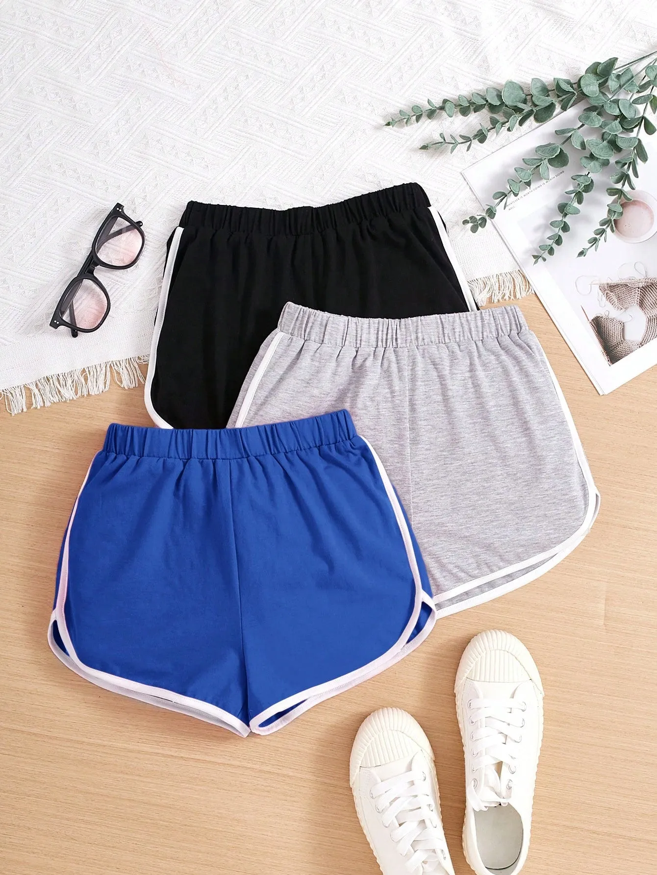 SHEIN 3pcs/Set Knitted Color-Block Loose-Fit Shorts With Contrast Hem For Tween Girls