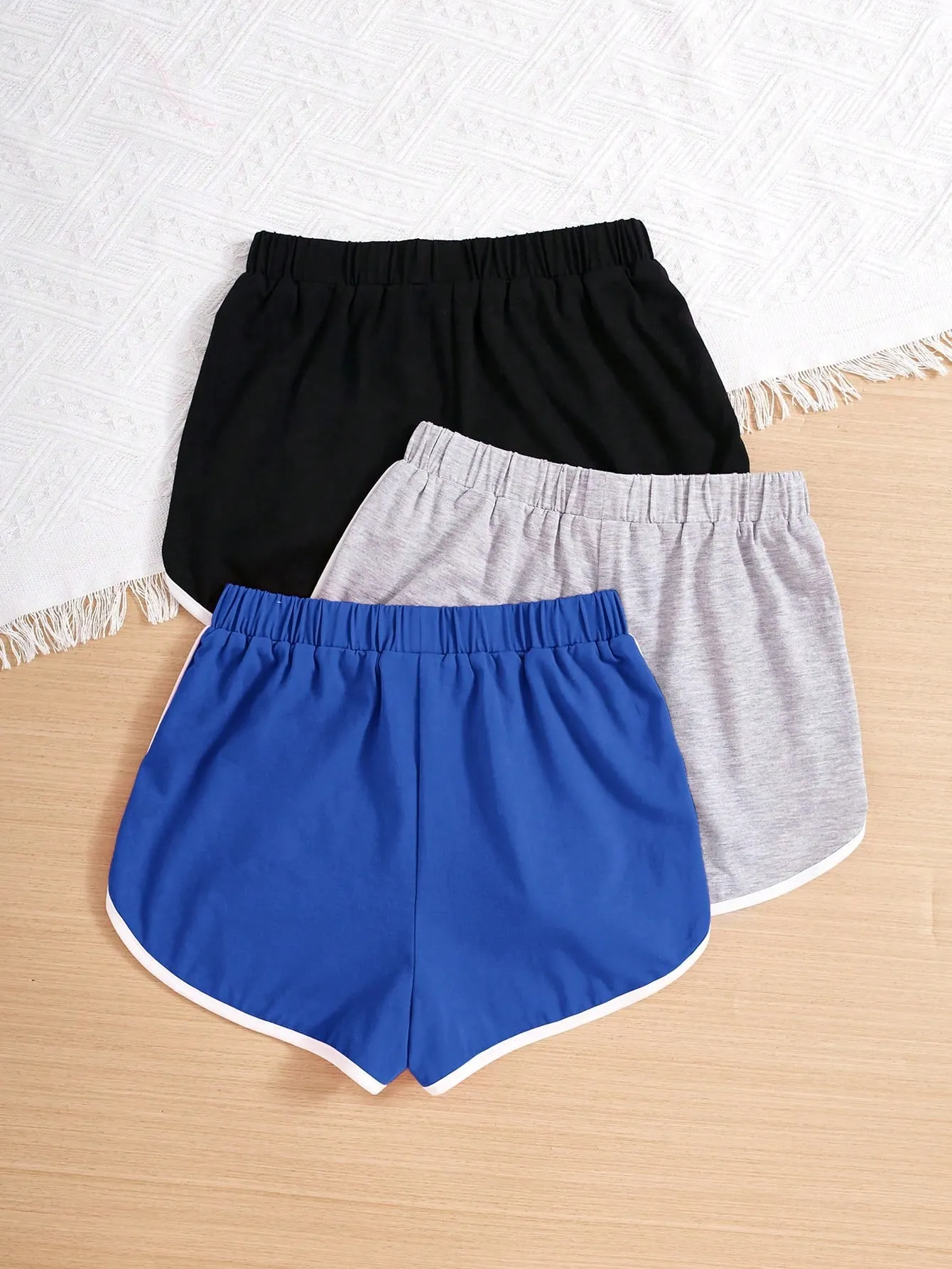 SHEIN 3pcs/Set Knitted Color-Block Loose-Fit Shorts With Contrast Hem For Tween Girls