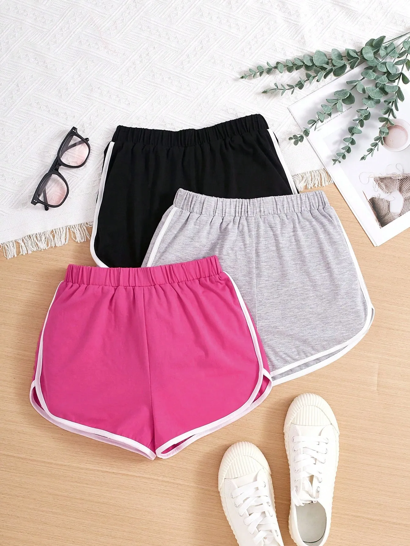 SHEIN 3pcs/Set Knitted Color-Block Loose-Fit Shorts With Contrast Hem For Tween Girls