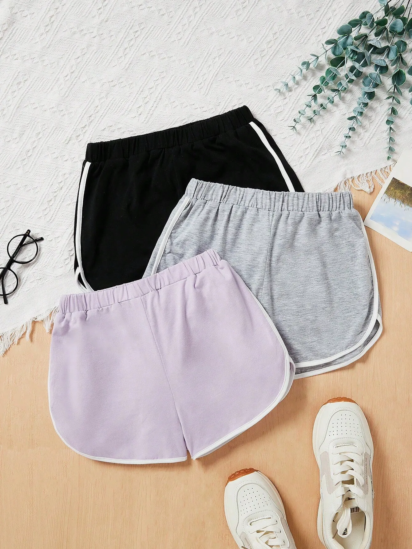 SHEIN 3pcs/Set Knitted Color-Block Loose-Fit Shorts With Contrast Hem For Tween Girls