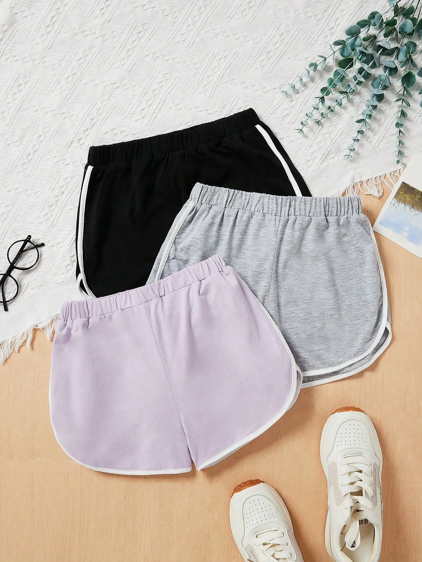 SHEIN 3pcs/Set Knitted Color-Block Loose-Fit Shorts With Contrast Hem For Tween Girls