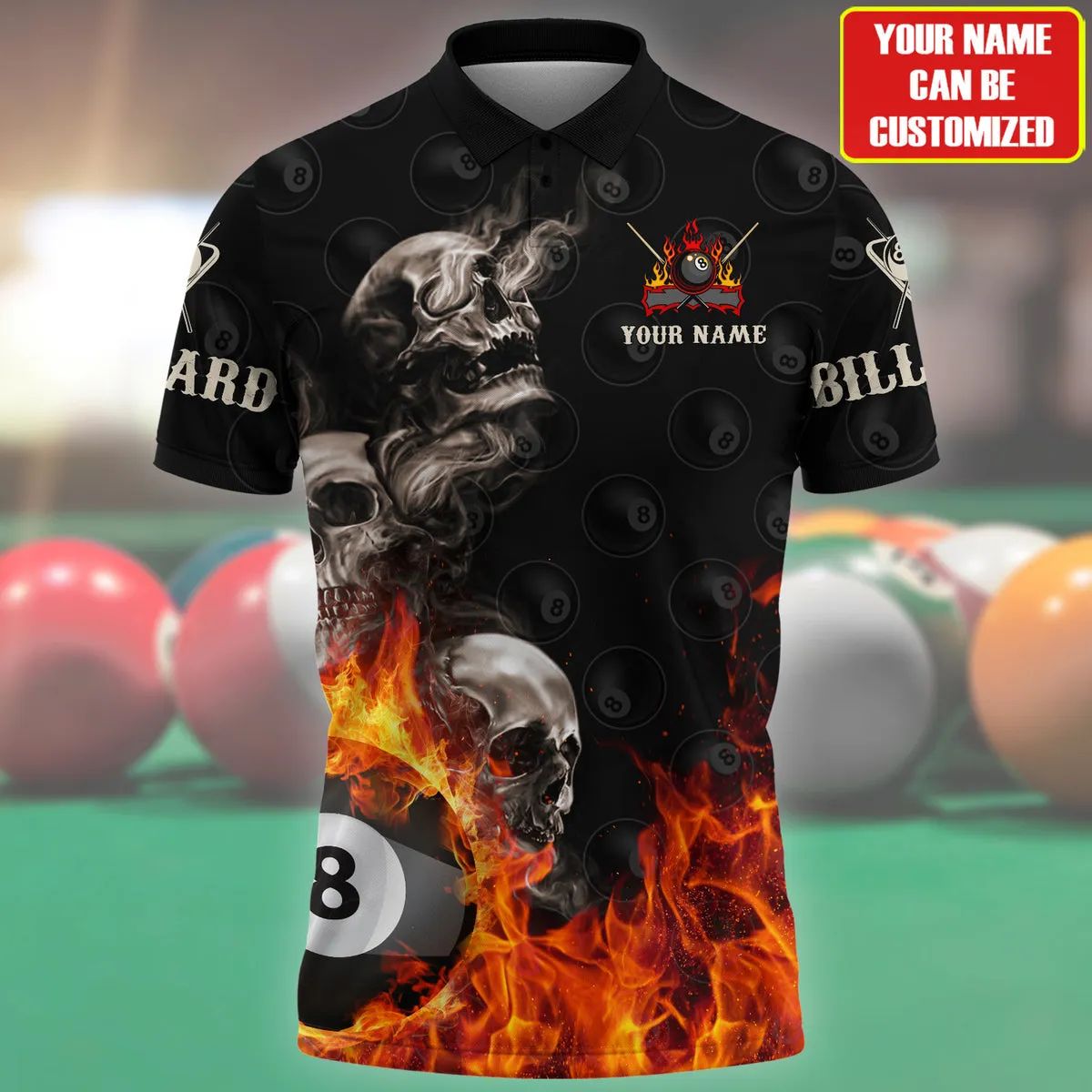 Skull On Fire Billiard Polo Shirt, Personalized Name Billiard Skull 3D Shirt, Skull Polo Shirt