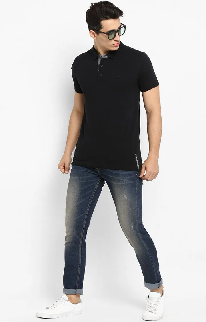 Spykar Black Solid Slim Fit Polos T-Shirt