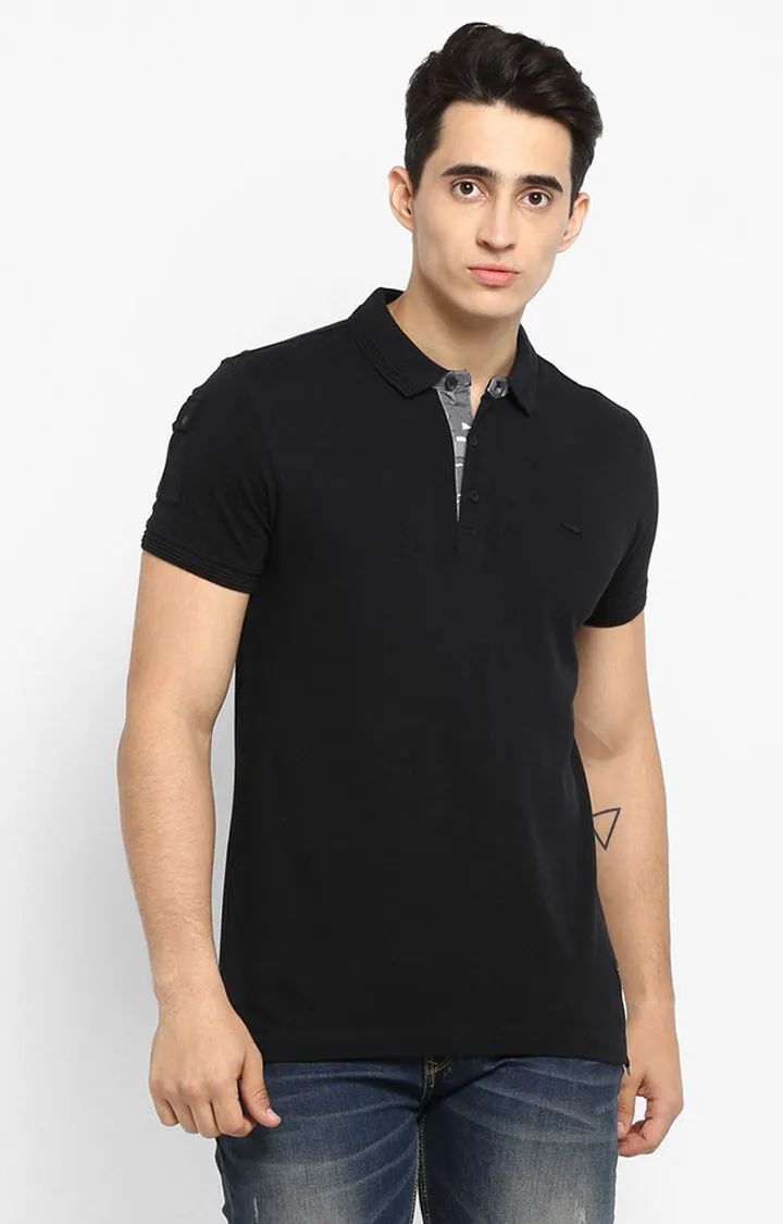 Spykar Black Solid Slim Fit Polos T-Shirt