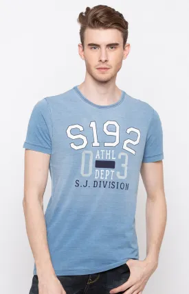 Spykar Light Indigo Printed Slim Fit Men T-Shirts