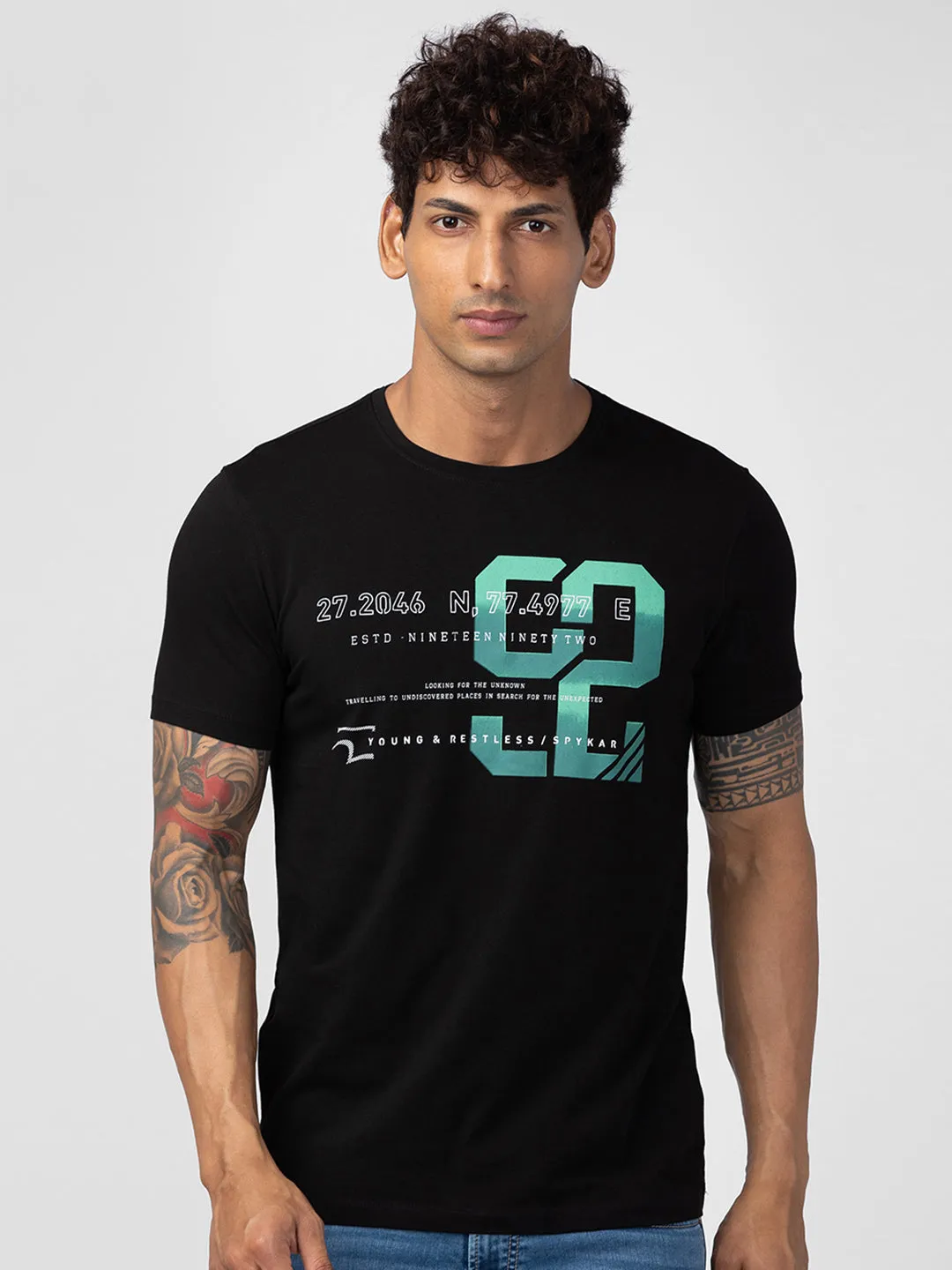 Spykar Men Black Cotton Regular Fit Half Sleeve Printed T-Shirt