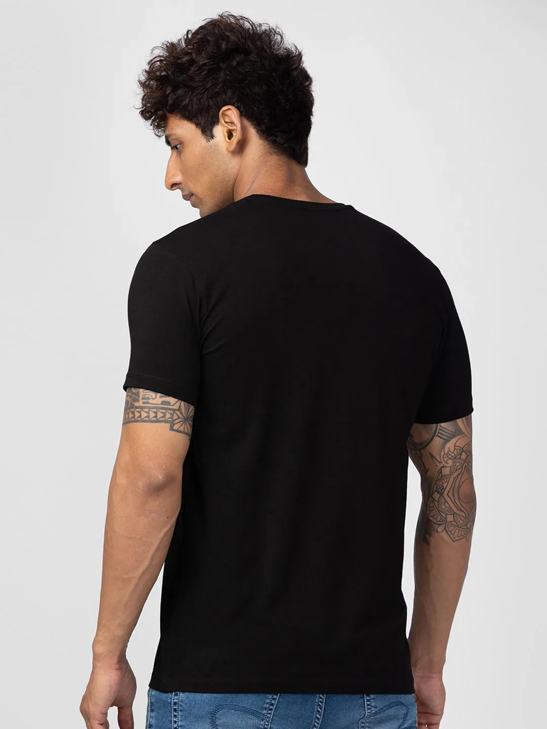 Spykar Men Black Cotton Regular Fit Half Sleeve Printed T-Shirt