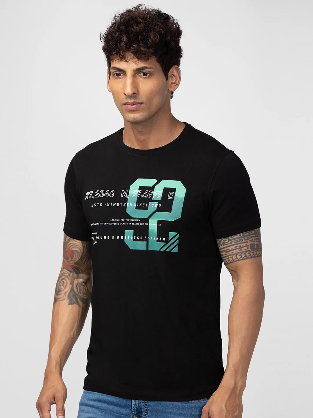 Spykar Men Black Cotton Regular Fit Half Sleeve Printed T-Shirt