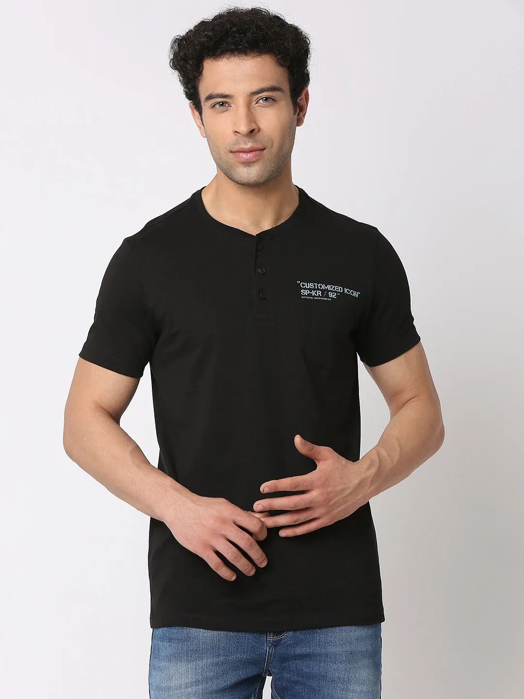 Spykar Men Black Cotton Slim Fit Henley Neck Plain T-Shirt