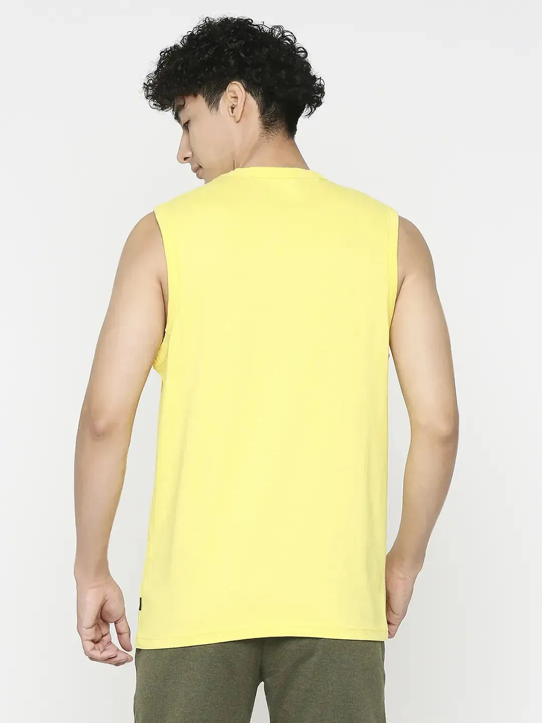 Spykar Men Bright Yellow Cotton Slim Fit Sleeveless Printed Tshirt