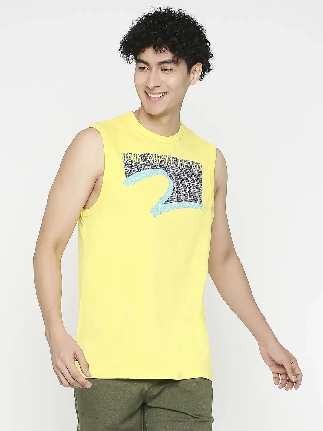 Spykar Men Bright Yellow Cotton Slim Fit Sleeveless Printed Tshirt