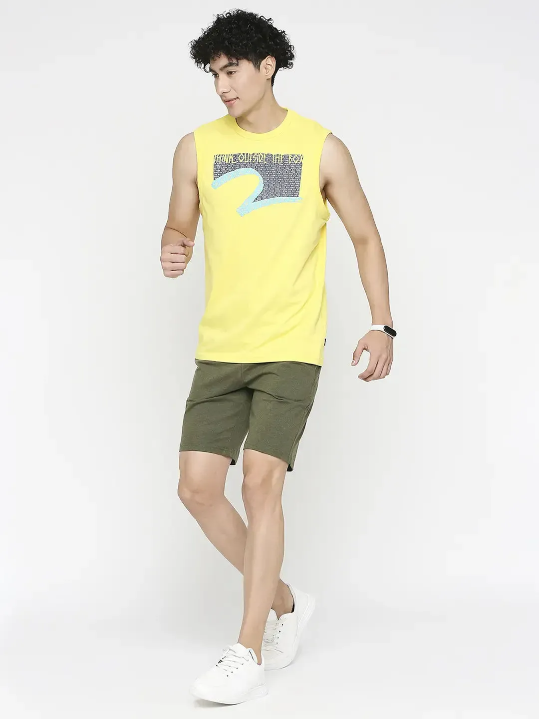 Spykar Men Bright Yellow Cotton Slim Fit Sleeveless Printed Tshirt