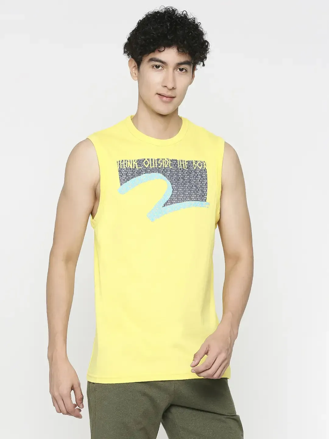 Spykar Men Bright Yellow Cotton Slim Fit Sleeveless Printed Tshirt