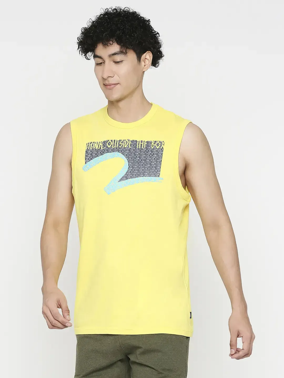 Spykar Men Bright Yellow Cotton Slim Fit Sleeveless Printed Tshirt