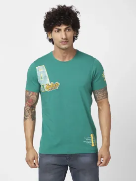 Spykar Men Dark Green Blended Slim Fit Half Sleeve Round Neck Casual Printed Tshirt