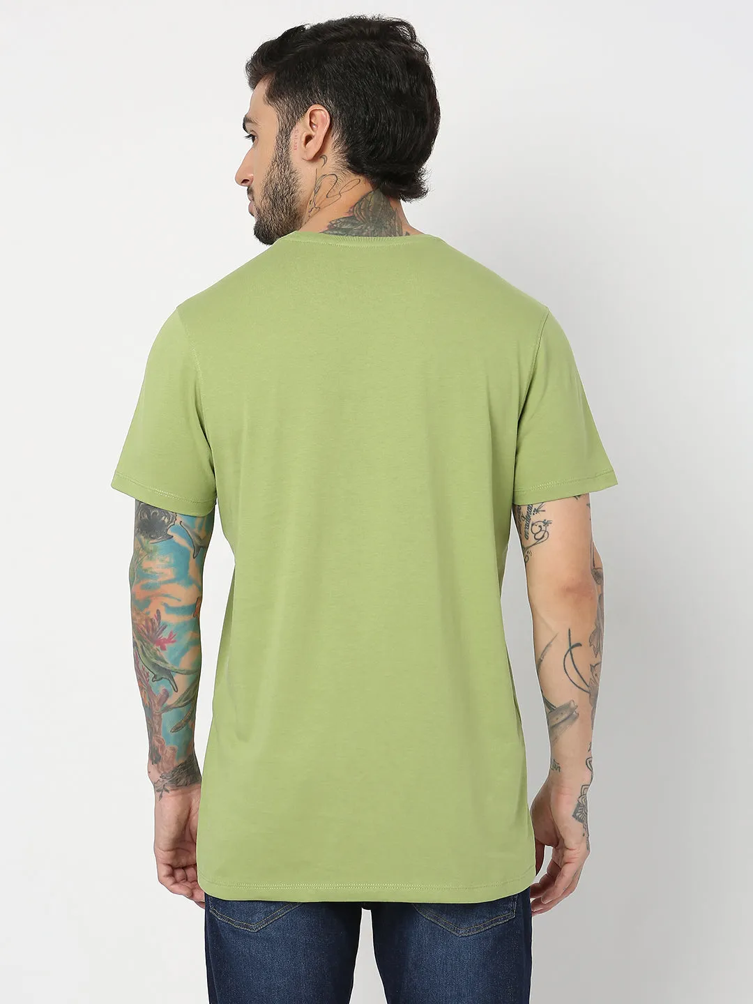 Spykar Men Dusty Green Cotton Slim Fit Round Neck Printed T-Shirt