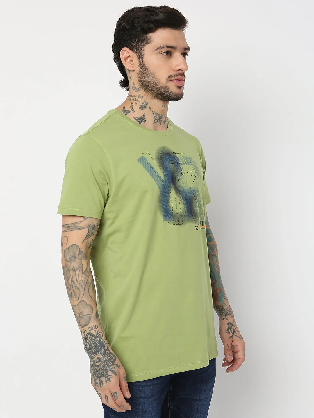 Spykar Men Dusty Green Cotton Slim Fit Round Neck Printed T-Shirt