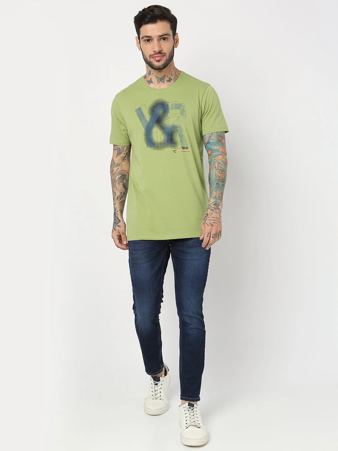 Spykar Men Dusty Green Cotton Slim Fit Round Neck Printed T-Shirt