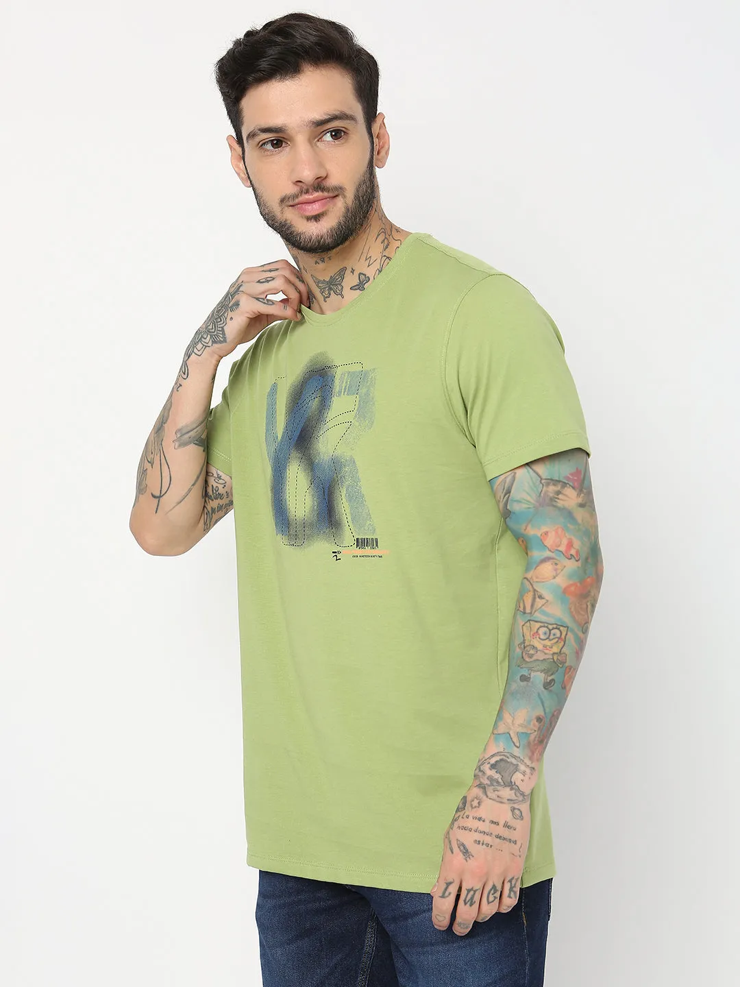 Spykar Men Dusty Green Cotton Slim Fit Round Neck Printed T-Shirt