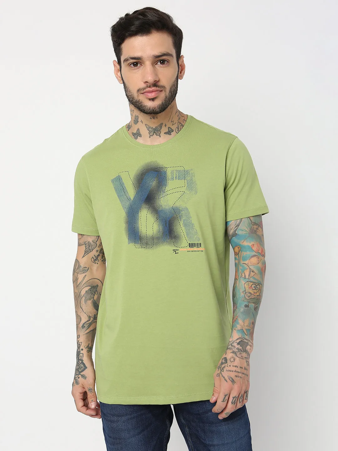 Spykar Men Dusty Green Cotton Slim Fit Round Neck Printed T-Shirt