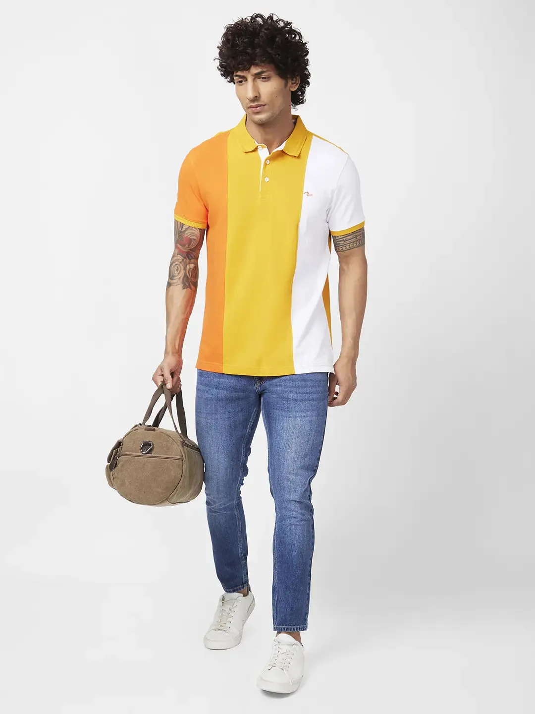 Spykar Men Mustard Yellow Cotton Slim Fit Half Sleeve Polo Neck Printed Tshirt