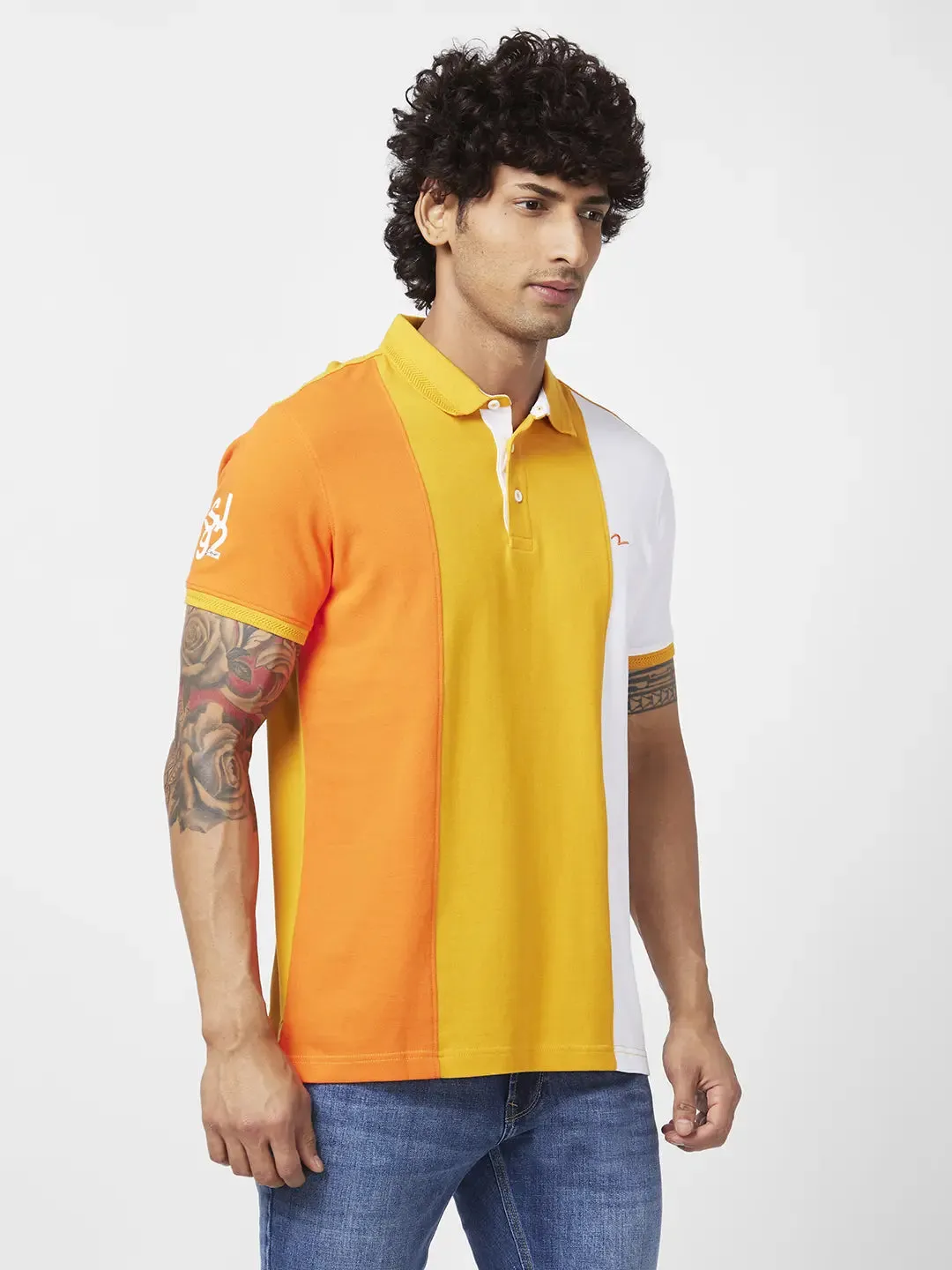 Spykar Men Mustard Yellow Cotton Slim Fit Half Sleeve Polo Neck Printed Tshirt