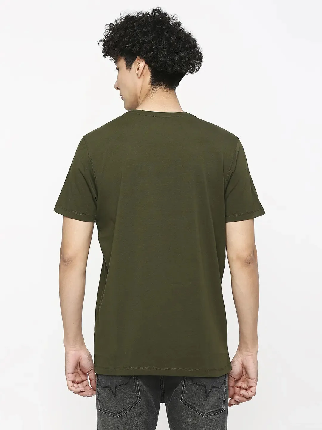 Spykar Men Rifle Green Cotton Slim Fit Round Neck Printed T-Shirt