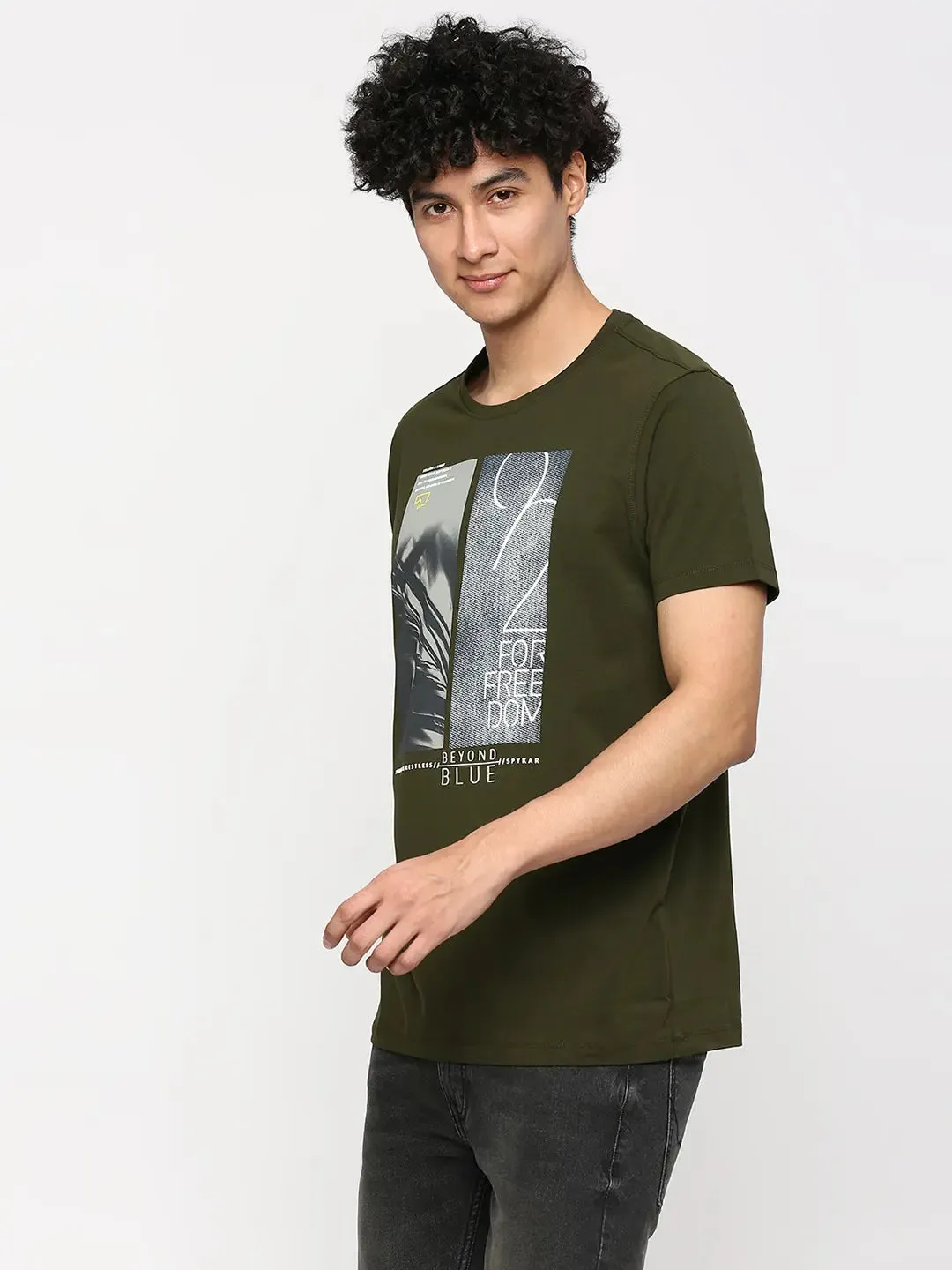 Spykar Men Rifle Green Cotton Slim Fit Round Neck Printed T-Shirt