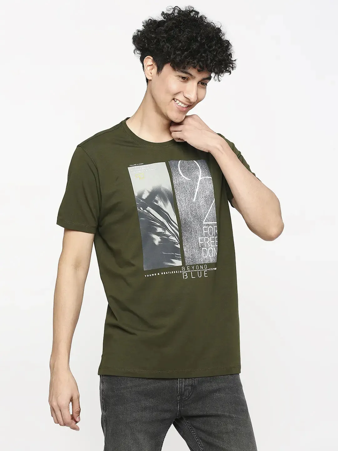 Spykar Men Rifle Green Cotton Slim Fit Round Neck Printed T-Shirt