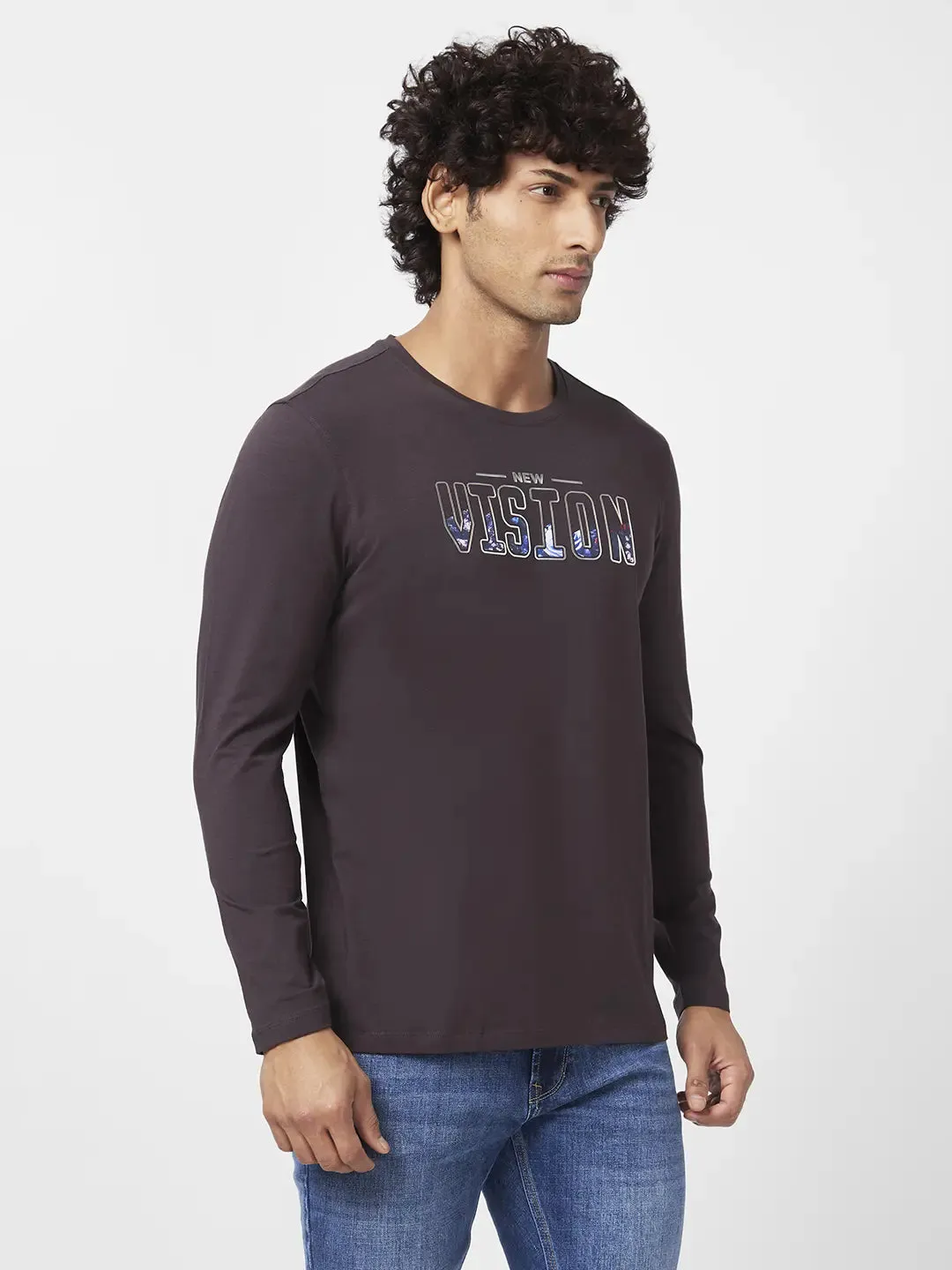 Spykar Men Slate Grey Blended Slim Fit Full Sleeve Round Neck Printed Tshirt