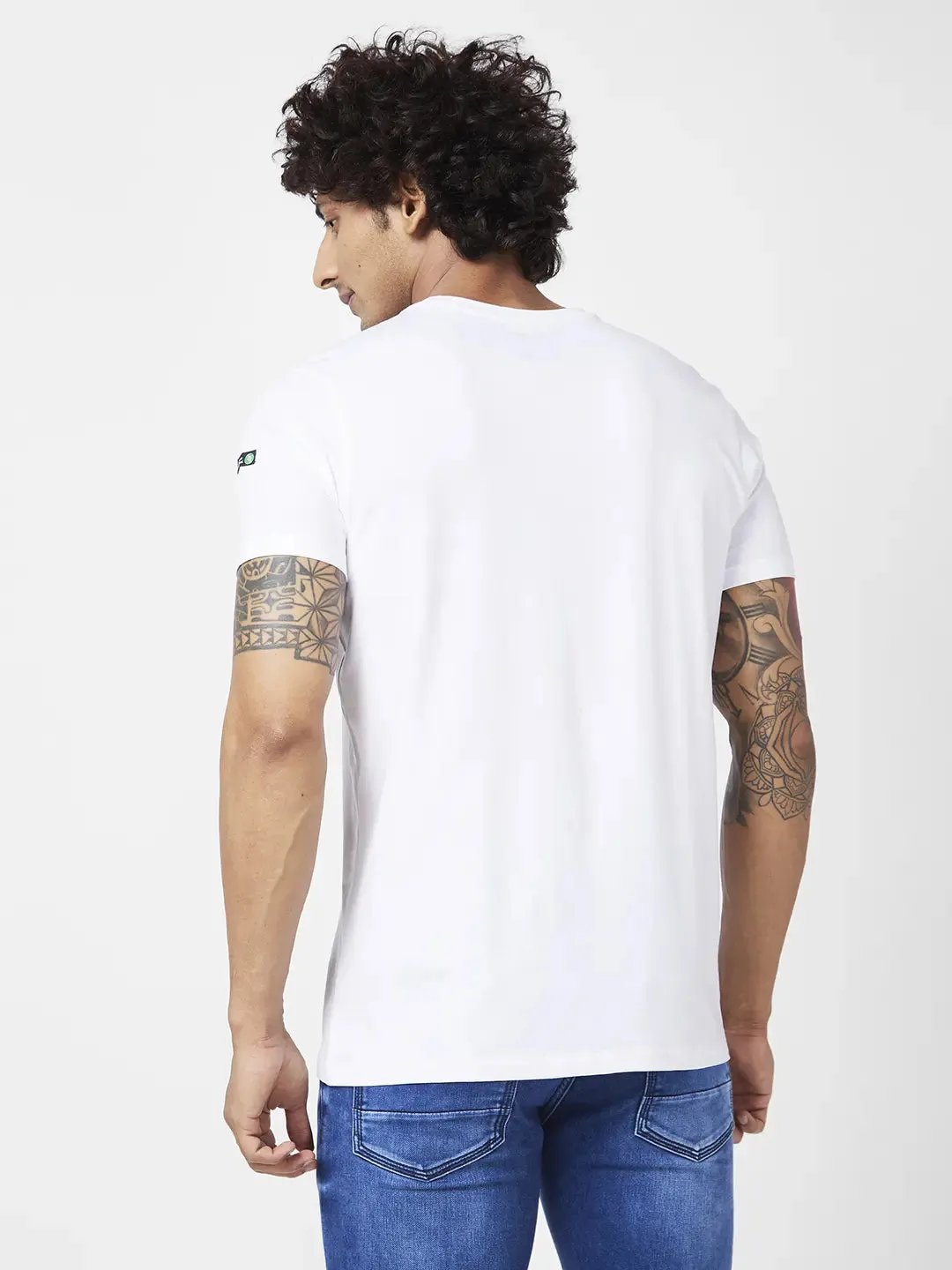 Spykar Men White Blended Slim Fit Half Sleeve Round Neck Casual Printed Tshirt