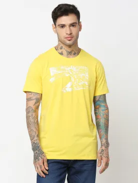 Spykar Men Yellow Cotton Slim Fit Round Neck Printed T-Shirt