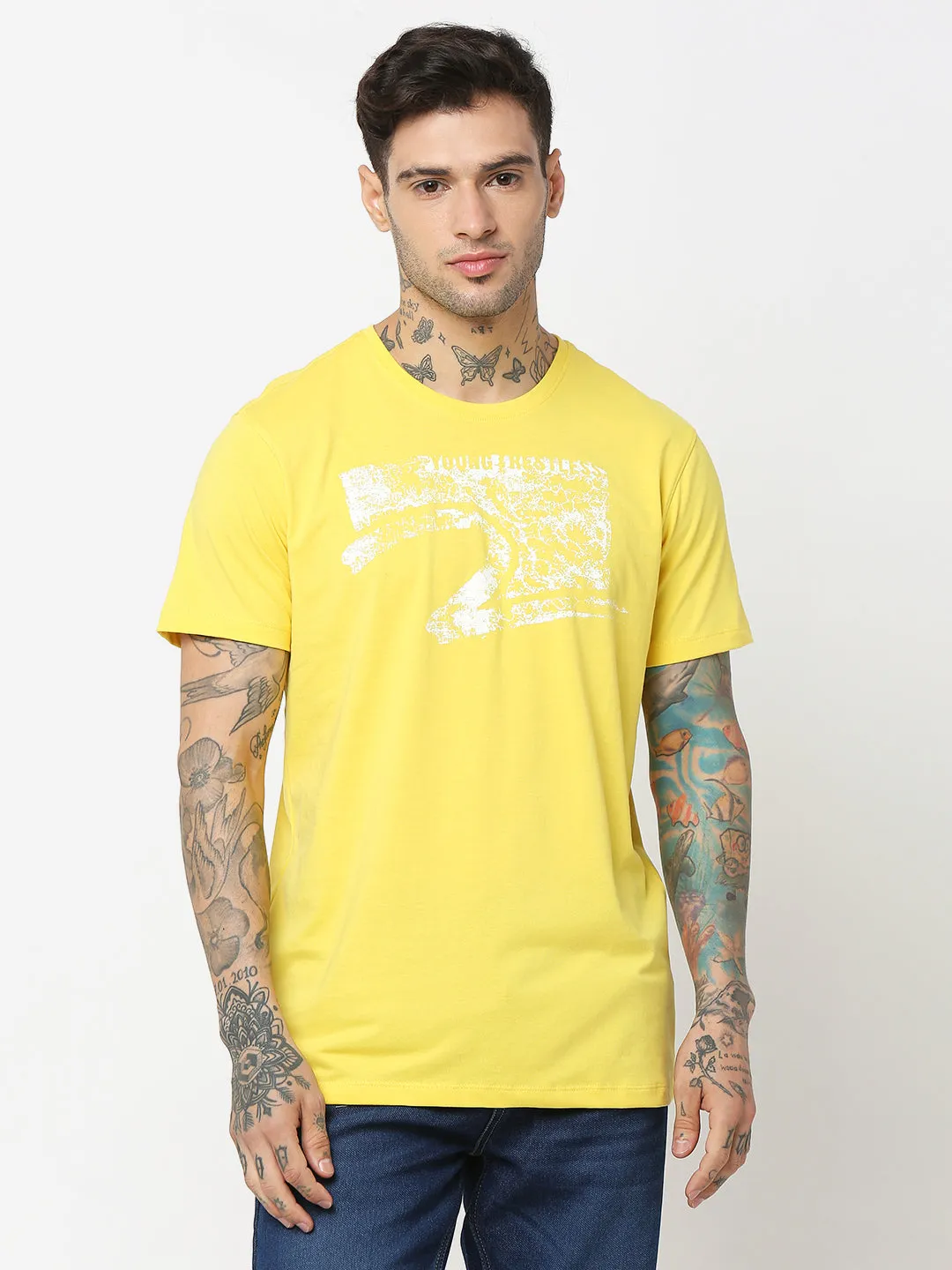 Spykar Men Yellow Cotton Slim Fit Round Neck Printed T-Shirt