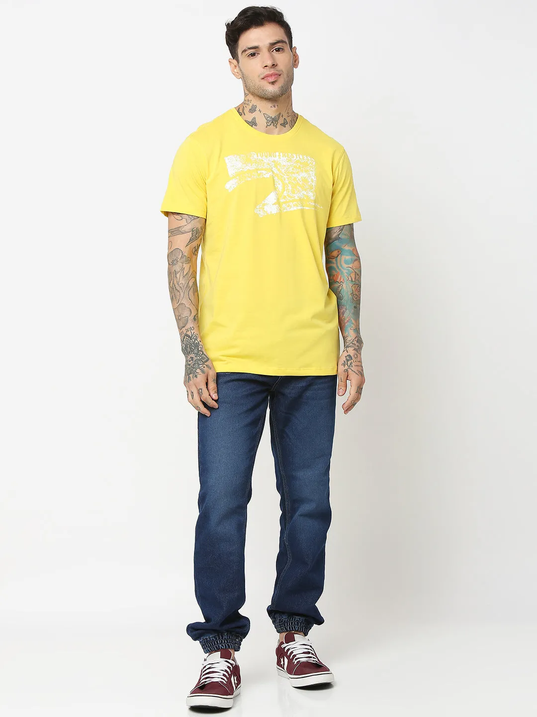 Spykar Men Yellow Cotton Slim Fit Round Neck Printed T-Shirt