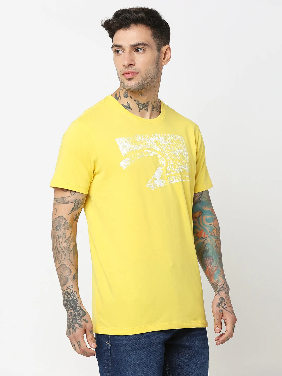 Spykar Men Yellow Cotton Slim Fit Round Neck Printed T-Shirt