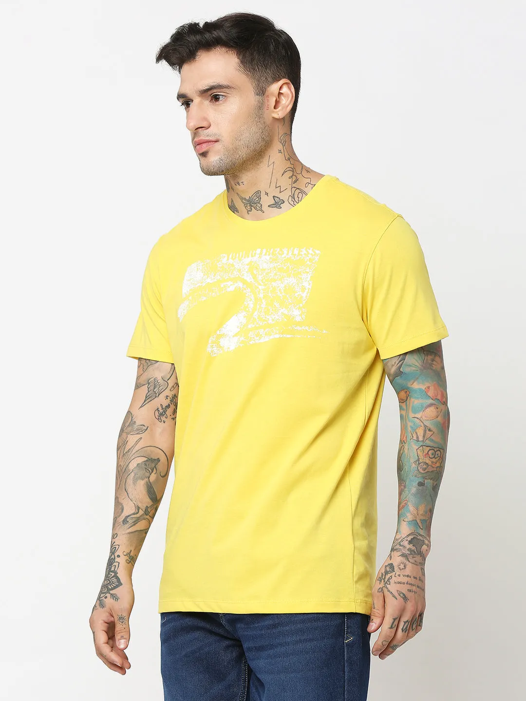 Spykar Men Yellow Cotton Slim Fit Round Neck Printed T-Shirt