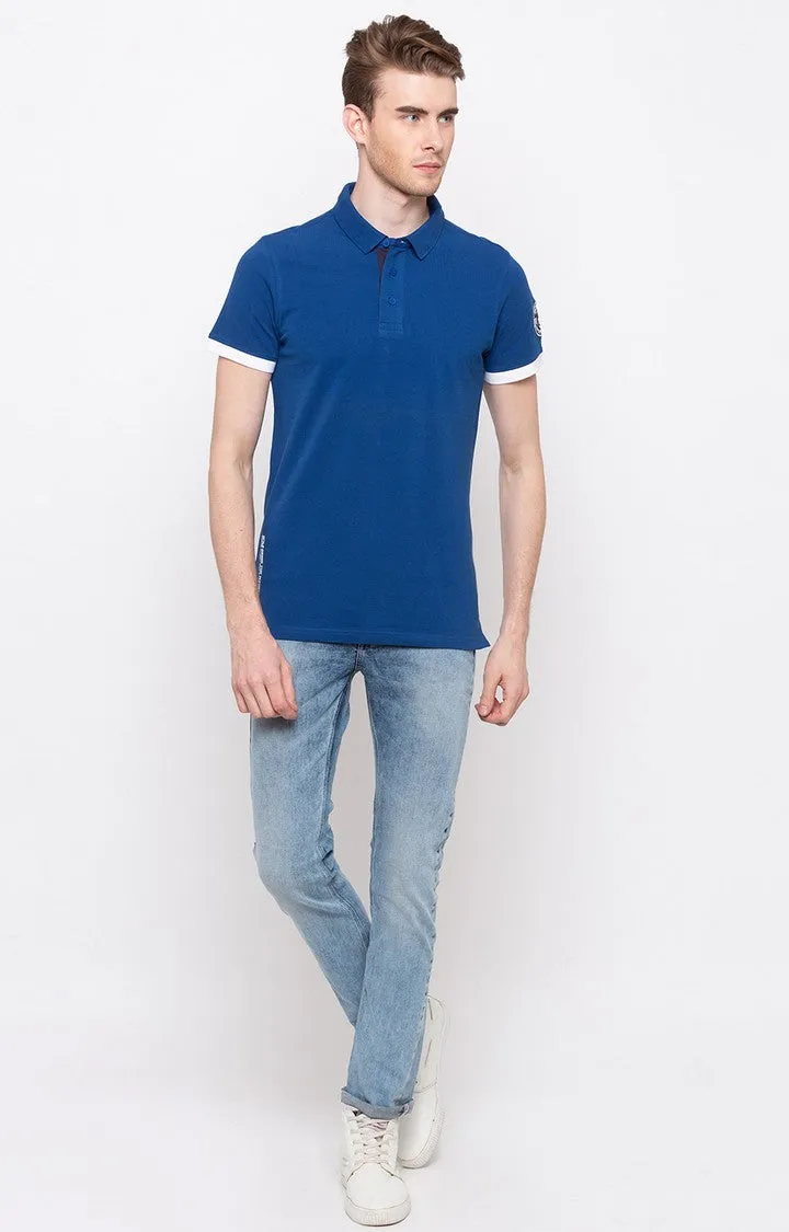 Spykar Royal Blue Solid Slim Fit Polo T-Shirt