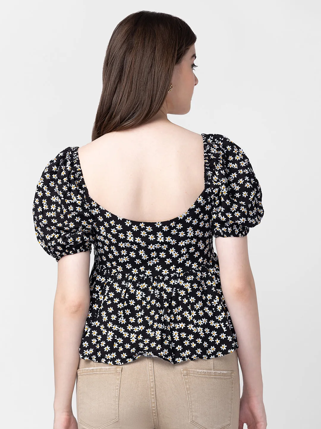 Spykar Women Black Cotton Floral Crop Top