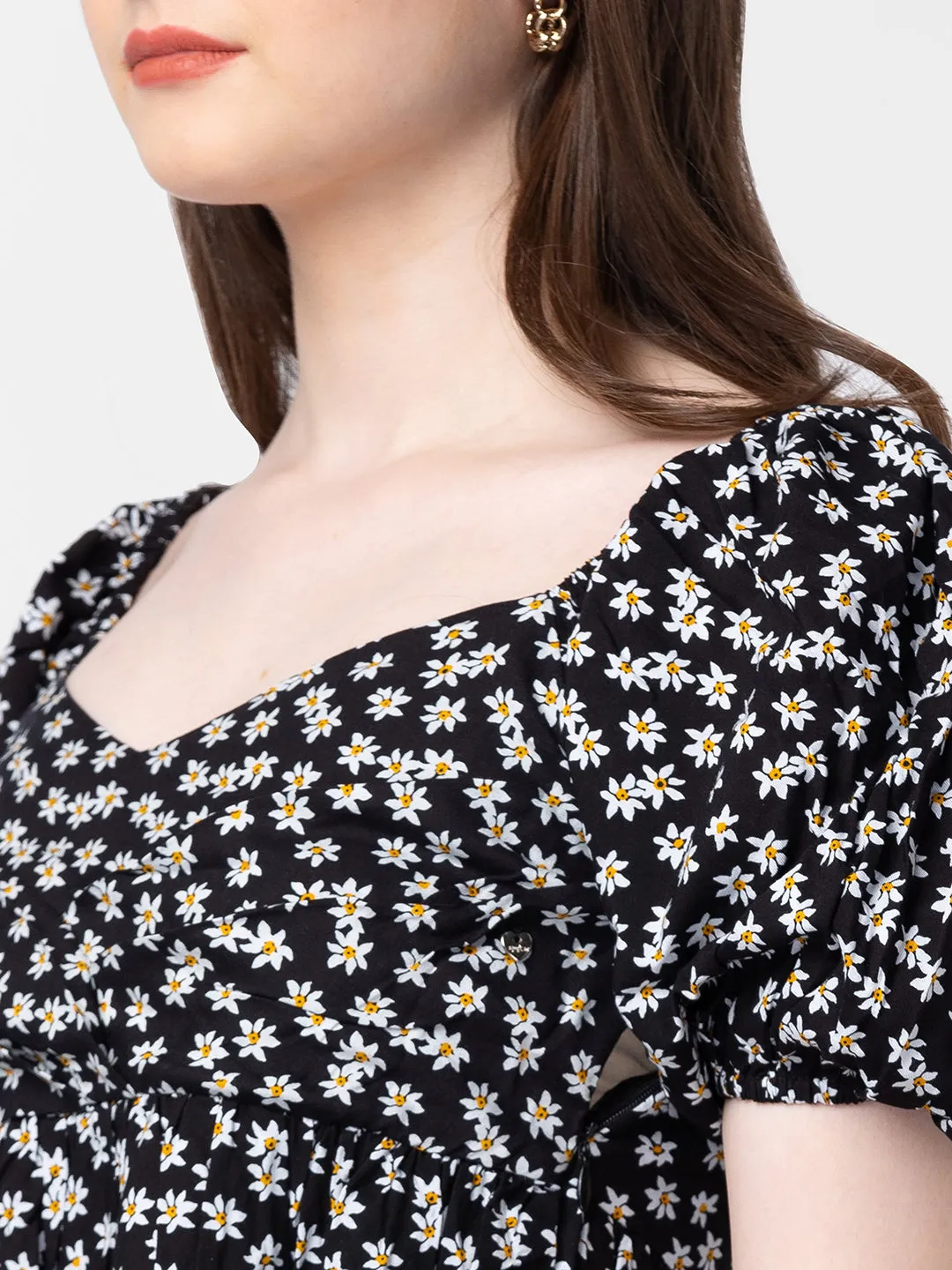 Spykar Women Black Cotton Floral Crop Top