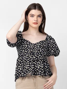 Spykar Women Black Cotton Floral Crop Top