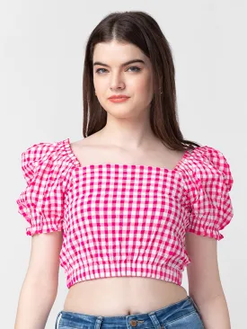 Spykar Women Fuschia Pink Cotton Checkered Crop Top