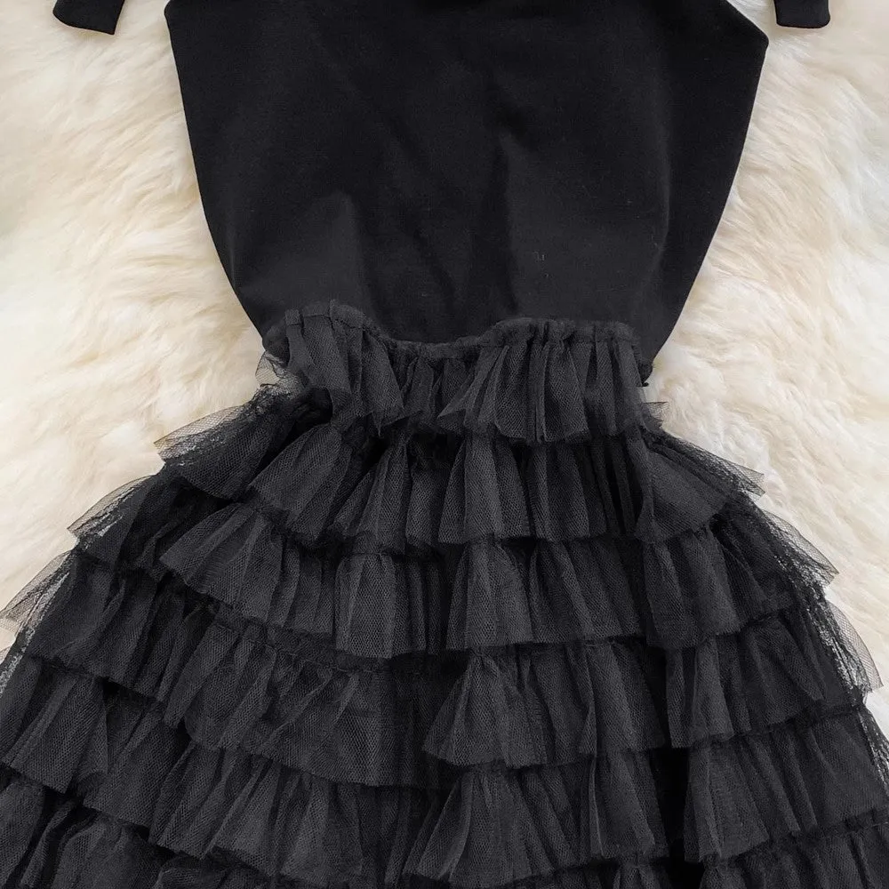 Stylish bow long suspender skirt A-line mesh cake dress     S4279