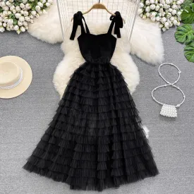 Stylish bow long suspender skirt A-line mesh cake dress     S4279