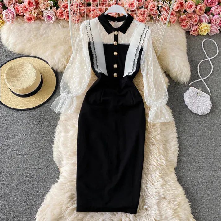 Summer New Tulle Sheath Dress Black Long Sleeves Elegant Dress     S4942