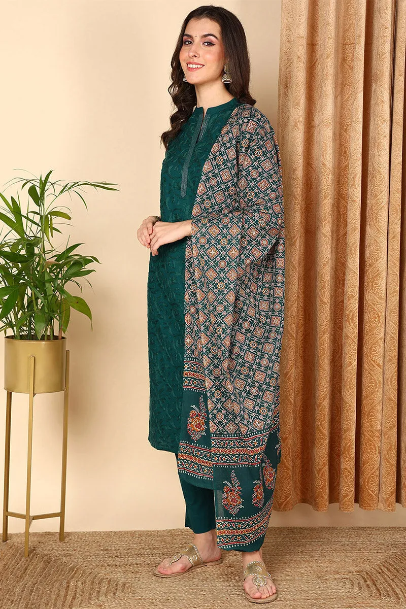 Teal Pure Cotton Floral Embroidered Straight Suit Set