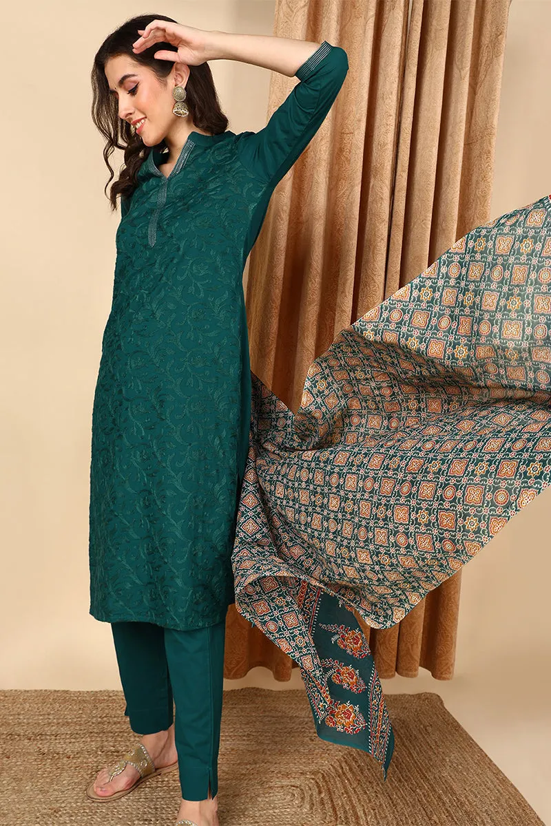 Teal Pure Cotton Floral Embroidered Straight Suit Set