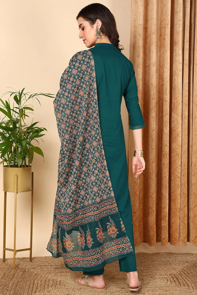 Teal Pure Cotton Floral Embroidered Straight Suit Set