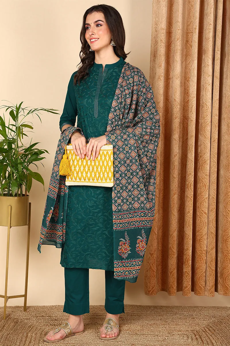 Teal Pure Cotton Floral Embroidered Straight Suit Set