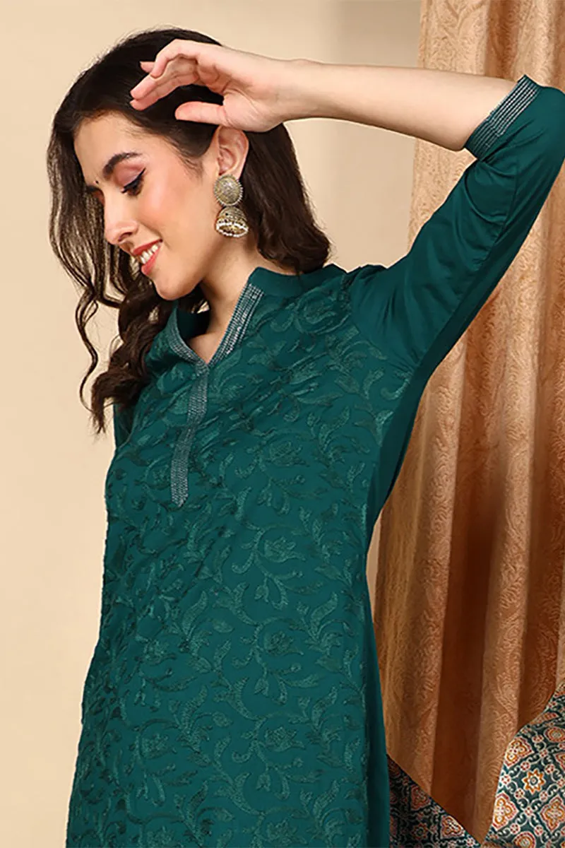 Teal Pure Cotton Floral Embroidered Straight Suit Set