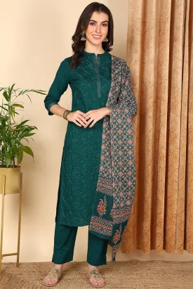 Teal Pure Cotton Floral Embroidered Straight Suit Set